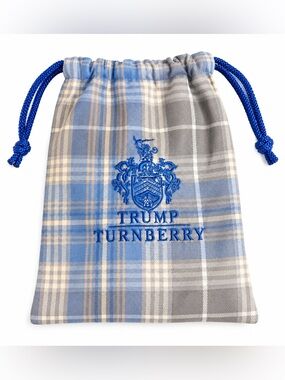 Trump Turnberry tartan drawstring bag blue embroidered crest blue rope ties.